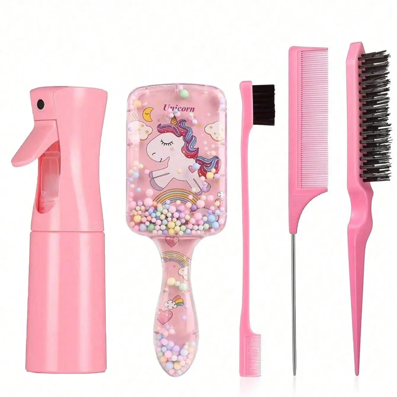 Unicorn Design Hair Styling Set, Hair Care Tool, Hair Tools, Includes Comb, Brush, Spray Bottle, Hair Clips and Hair Ties, Heatless Styling Kit for Women and Girls