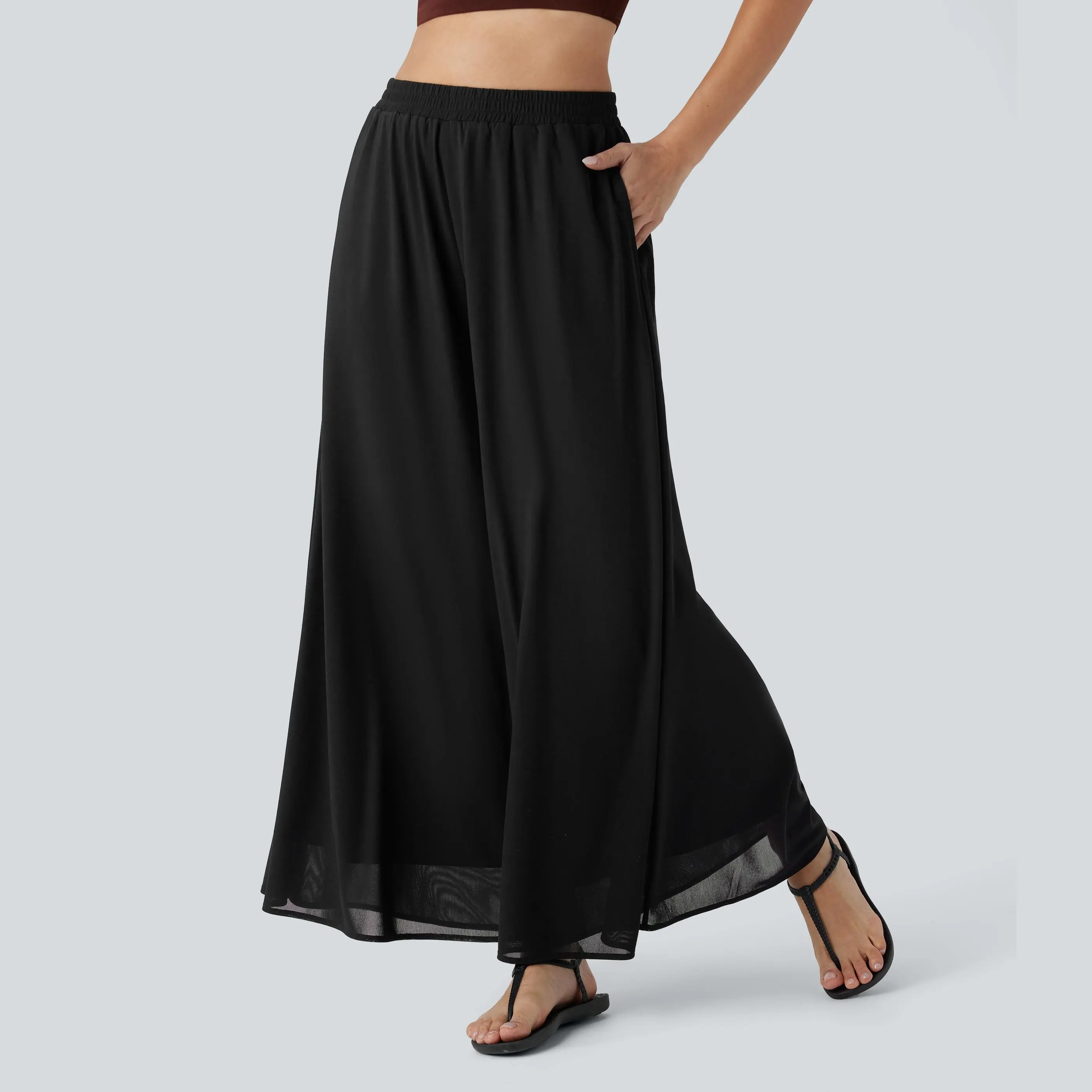 Halara High Waisted Side Pocket Mesh Overlay Wide Leg Casual Pants