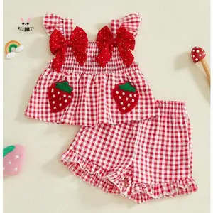 Toddler Baby Girl Summer Outfit Strawberry Embroidered Plaid Bows Ruffled Trim Tank Tops and Shorts 2 Pcs Set
