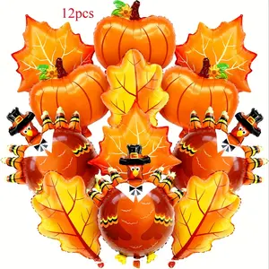 12pcs Thanksgiving Balloon Set - Giant Turkey, Pumpkin & Maple Leaf Foil Balloons for Autumn Harvest Party Decorations