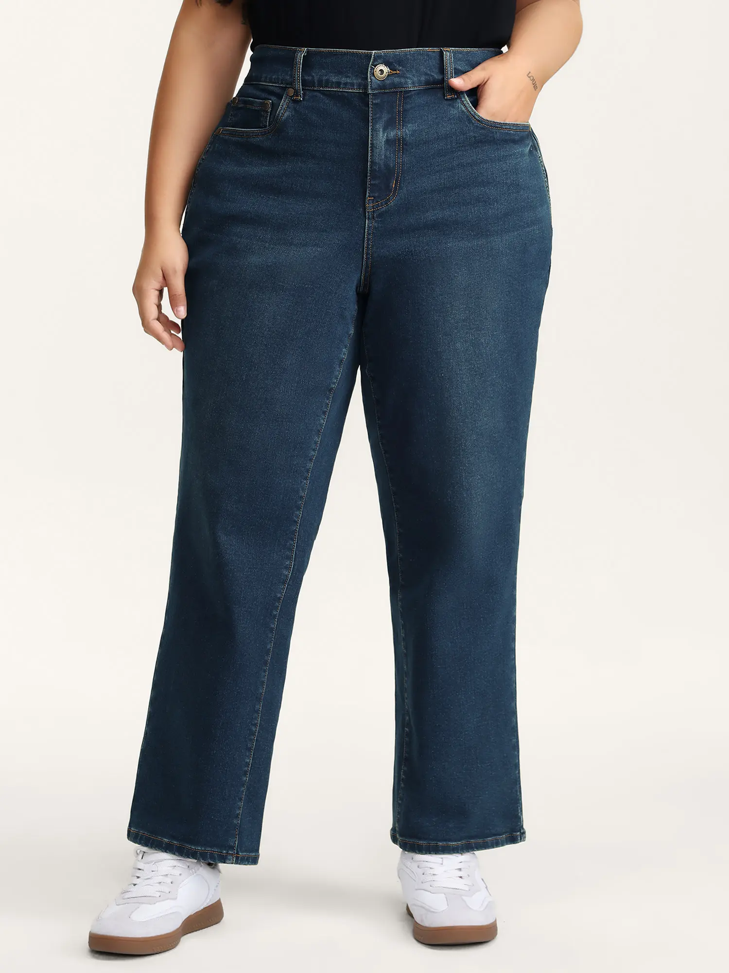 BloomChic Women's Plus Size Tummy Control High-Stretch Straight Leg Jeans, Cotton-Spandex Denim Fabric Garment with Pockets, Low Iron Simple Fits Casual Workwear, Dark Wash Summer Finds, Patchwork