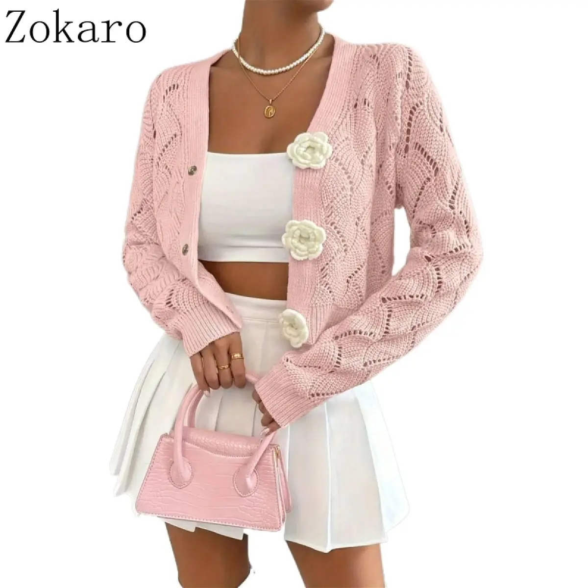 Chic Pink Cardigan for Women - Long Sleeve Sweater with Unique Button Details, Hollow-Out Design, Ideal for Casual Outfits, Spring & Fall Layering, Cozy Streetwear Style Knitwear Womenswear