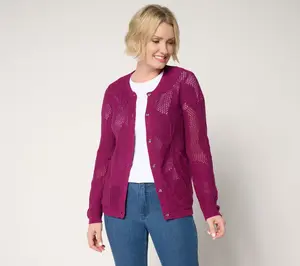 Denim & Co. 100% Cotton Long Sleeve Leaf Patterned Cardigan