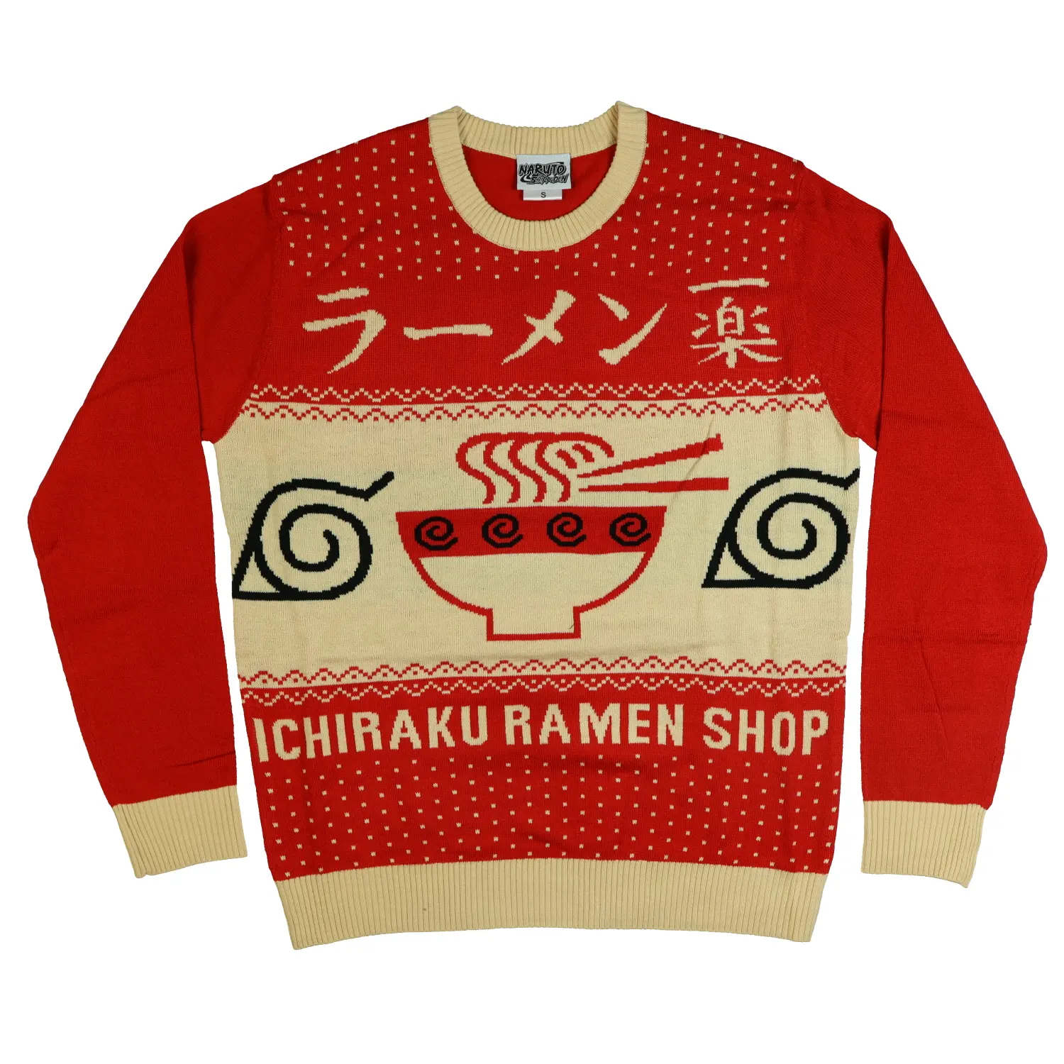 Men's Ichiraku Ramen Knit Sweater, Casual Crewneck Pullover with Anime Leaf Graphic, Ribbed Acrylic Fabric Top, Garment, Menswear, Round Neck