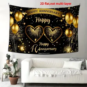 1pc 2D Flat Elegant Black and Golden Polyester Anniversary Backdrop - Happy Anniversary Banner for Wedding, Bridal Shower, Tailgating - No Electricity Needed, Photo Booth Decor Ornaments White