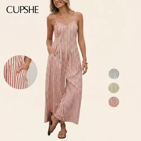CUPSHE Women's Chic Rayon Striped Wide Leg Jumpsuit - Sleeveless V-Neck Spaghetti Adjustable Strap Overalls, Ivory Red Full Length Woven Side Pockets, Resort Wear for Women, Beach Cover-Up with V-Neck Elegance