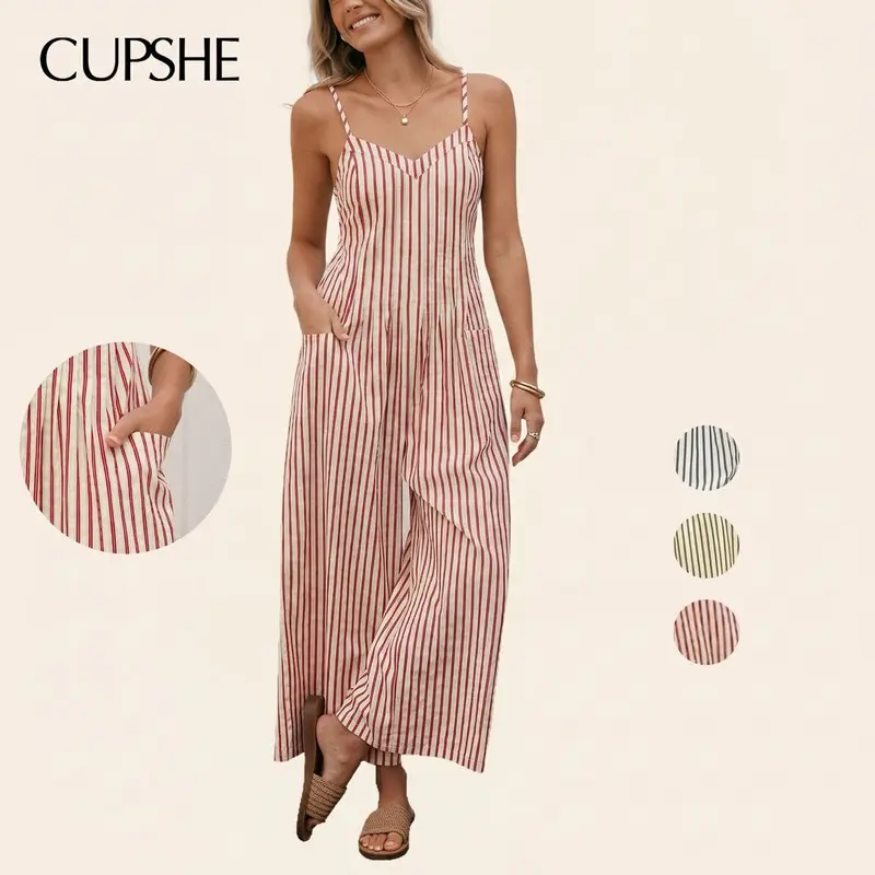 CUPSHE Women's Chic Rayon Striped Wide Leg Jumpsuit - Sleeveless V-Neck Spaghetti Adjustable Strap Overalls, Ivory Red Full Length Woven Side Pockets, Resort Wear for Women, Beach Cover-Up with V-Neck Elegance