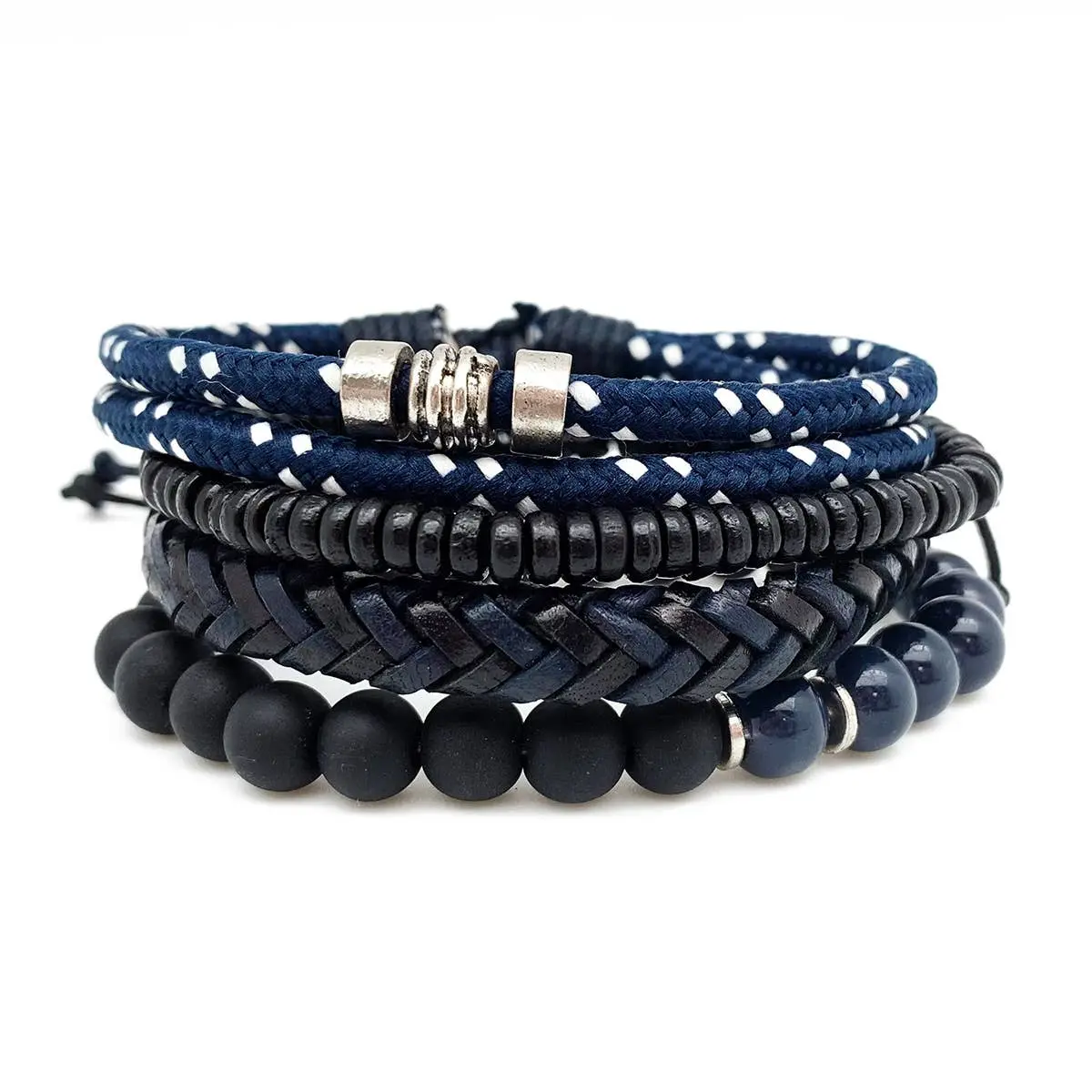 Men's Navy & Black Woven Bead Bracelet Set – Adjustable Stackable Layers