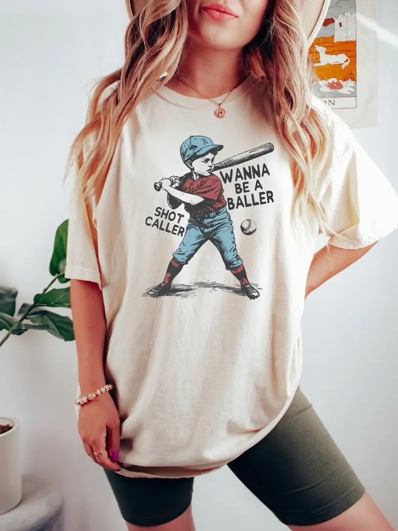 Women's Casual All Seasons Soft Cotton Short-Sleeve Round Neck Fitted Graphic T-Shirt Top - Retro "Wanna Be A Baller Shot Caller" Print, Game Day Apparel, Baseball Lover Gift, Regular Sleeve, Fitted Cut