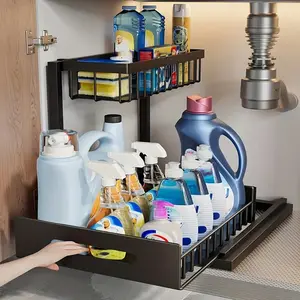 2-Tier Sink Organizer Storage Sliding Pull-Out Cabinet Rack, Kitchen Bathroom Refrigerator Closet Organizer, Clean and Neat