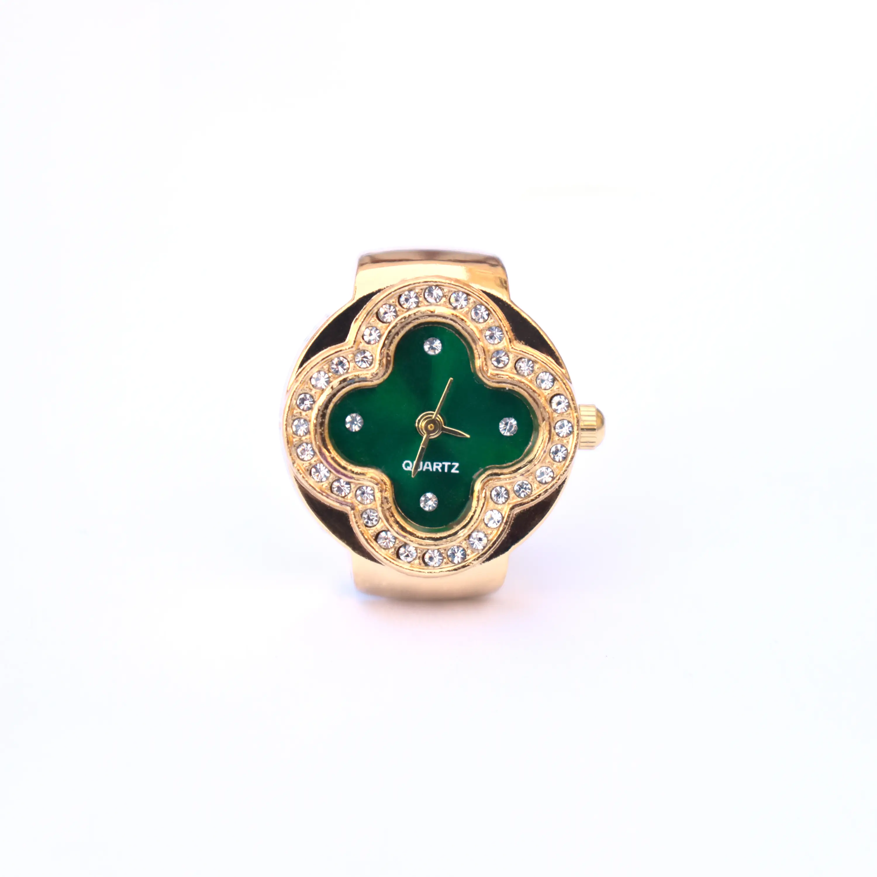 Fleur Watch Ring - Adjustable Mini Clover-Shaped Watch (Gold / Green)
