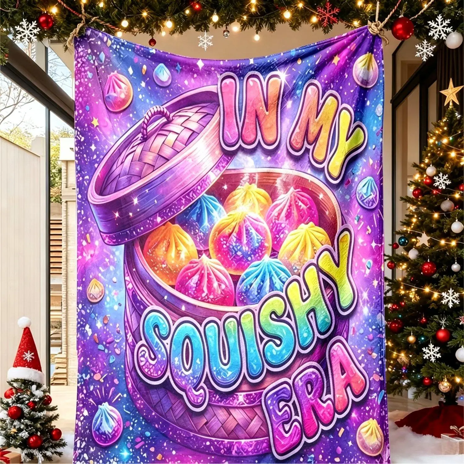 1PCS Glitter Dreamy Starry Sky Colorful Steamed Bun Soft Blanket with Internet Famous Trendy Slogan "In My Squishy Era" and Dazzling Soup Dumpling Print a Cozy Throw Perfect for Sofas Beds A Gift