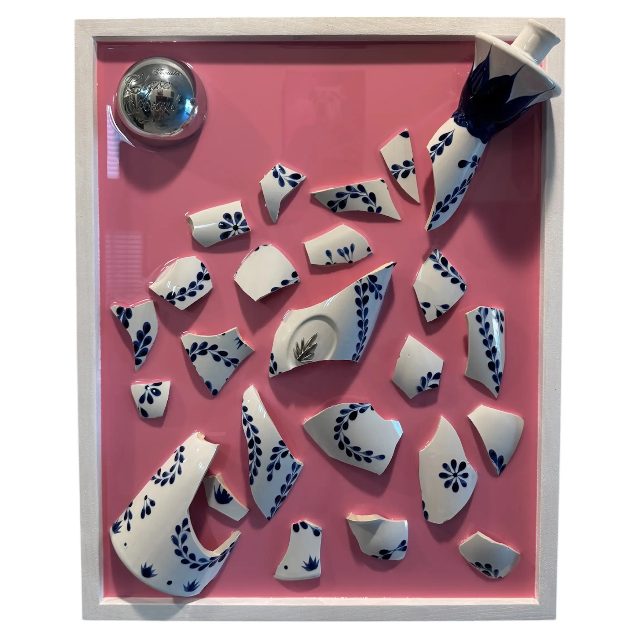 Pink Clase Azul Tequila Resin Artwork - 20"x16" Broken Bottle Wall Art, Handcrafted & Sustainable, Ready to Hang, Perfect for Home Bars & Lounges