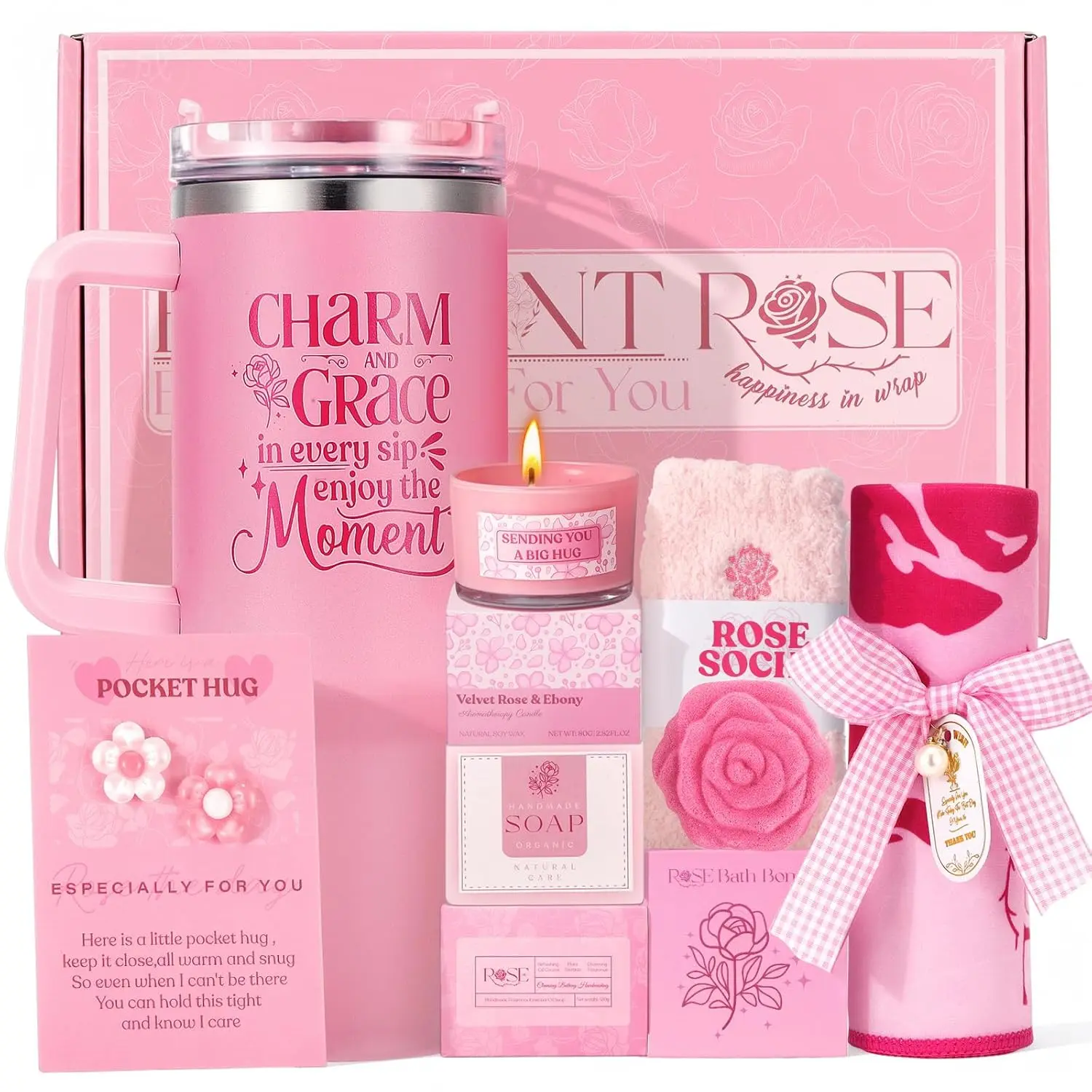 Pink Gifts for Womens Self Care Essentials Gift Set - Pink Birthday Gifts Box for Women Spa Gift Basket for Mom Sister Best Friend Work Friend, Gift Package for Women Pampering Gifts w/ 40oz Tumbler