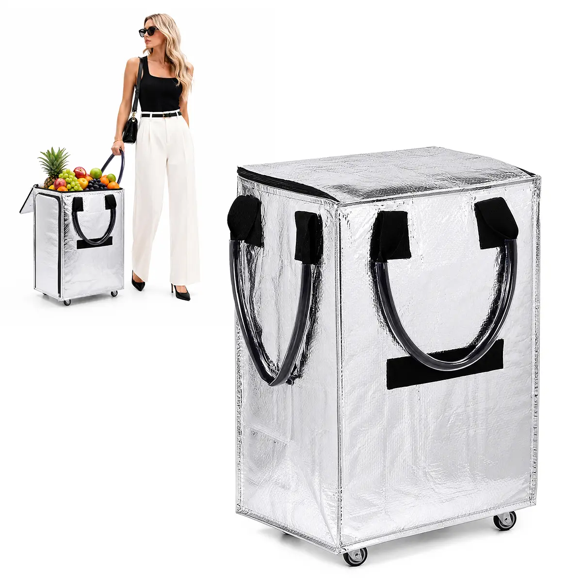 Reusable Wheeled Grocery Bag, Shopping Trolley Bag, Rolling Tote Bag with Zipper Closure, Lightweight, Heavy-Duty Handles, Foldable Flat Design, Supports Up to 30kg Load, Ideal for Shopping, Camping, Storage & Moving(Medium, silver)