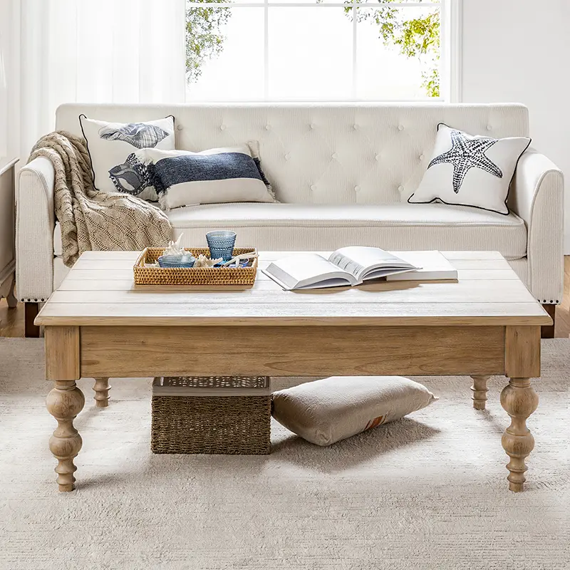 HULALA HOME Lift-Top Coffee Table with Storage Traditional Farmhouse Rustic Distressed Finish Elegant Spindle Legs Solid Rubber Wood Coastal French Country Style