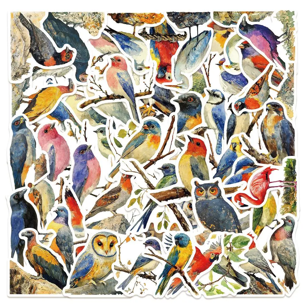 Watercolor Bird Pattern Sticker, 50pcs/set Colorful Bird Pattern Decorative Sticker, DIY Decals for Water Bottle, Laptop, Phone Case