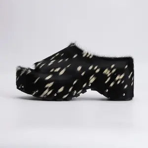 Calf Hair Leather Platform Lined Slip On Clog  Mules