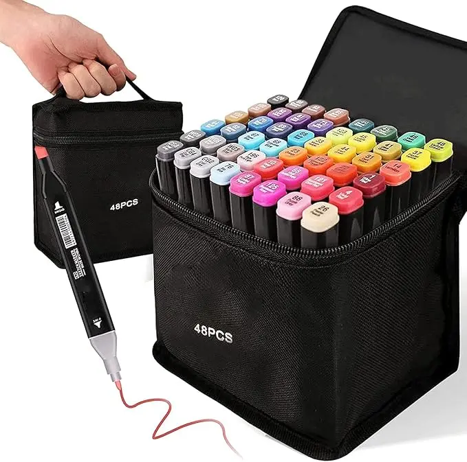 Dual Tip Permanent Art Marker Set with Zipper Carry Storage Bag, Assorted Vibrant Rich Colors Double Head Sketch Marker Pens, Waterproof Ink for Student Drawing Sketching Coloring Painting Graffiti Illustration & Handcraft Art Creation