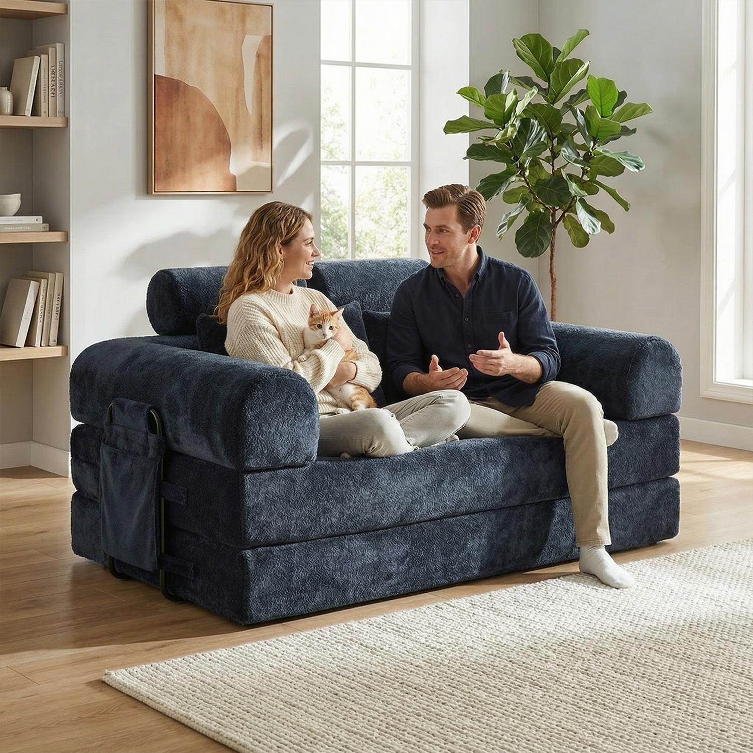 Large size double boneless convertible folding sofa bed with fixed shape frame and storage bag. Headrest design with pillow for dual comfort