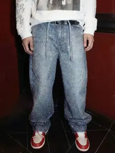 Men's Light Blue Rhinestone Loose Jeans, Full Embellished Bling Effect, Perfect Gift for Shiny Boyfriend, Street Style, All Seasons