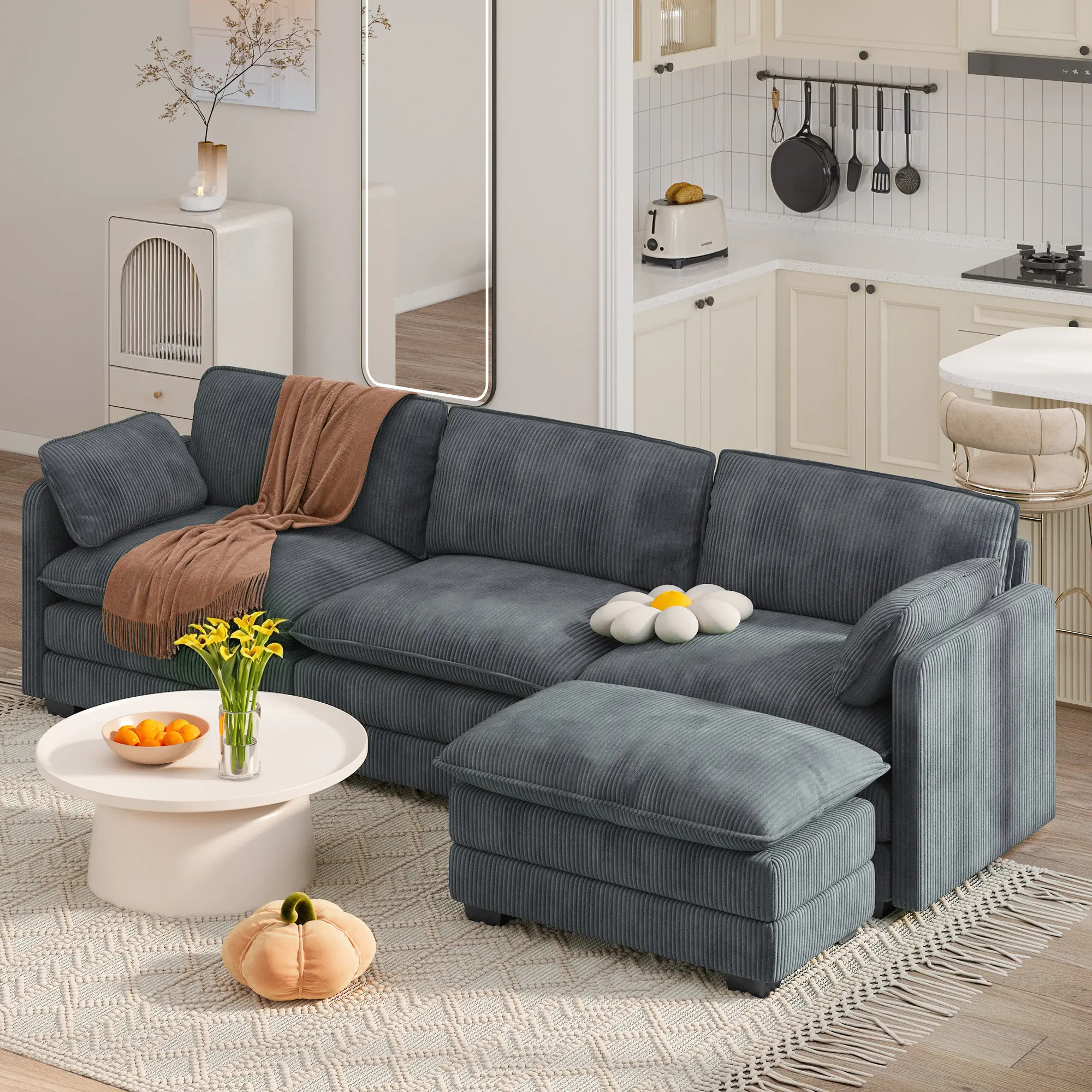 GIZOON 110.2"L-Shaped Modern Modular Sectional Cloud Corduroy Couch - 3-Seater Comfy Deep Seat Sofa with Movable Ottomans, 2 Pillows, Requires Assembly for Living Room, Apartment Furniture