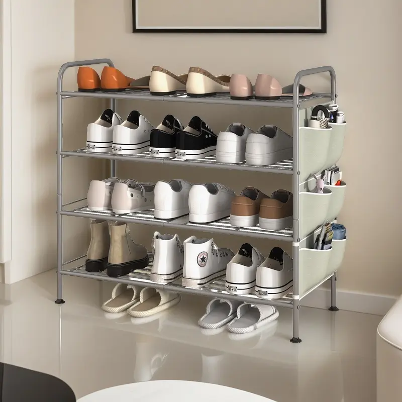SUOERNUO 4-Tier Metal Shoe Rack for Entryway & Closet - Footwear Organization Storage Organizer with Convenient Side Pockets, Four-Layered