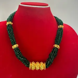 Gold plated tilhari with naugedi in green hydro potey