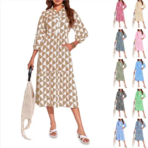 FMEYOA Womens Summer Boho Midi Dress Long Sleeve Casual Color Block Floral Beach Button Down Shirt Dress