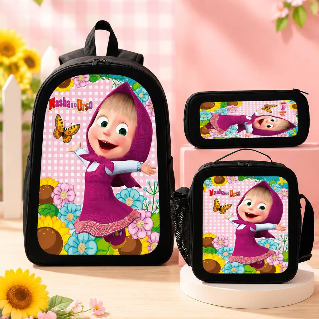 Masha and the Bear Cartoon Backpack 3PCS Set Pack, Large Space School Bookbag with Lunch Box & Pencil Case, Lightweight Travel Daypack Gift for Boys/Girls Kids Back to School