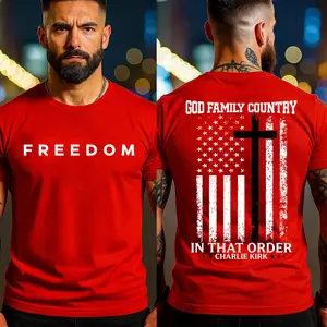 Wear Red October 14th Shirt God Family Country T-Shirt Tribute America Outfit USA 2 Sided Tee Graphic True American Patriot Top Gift For Him Gildan 5000 100% Cotton Unisex All Seasons