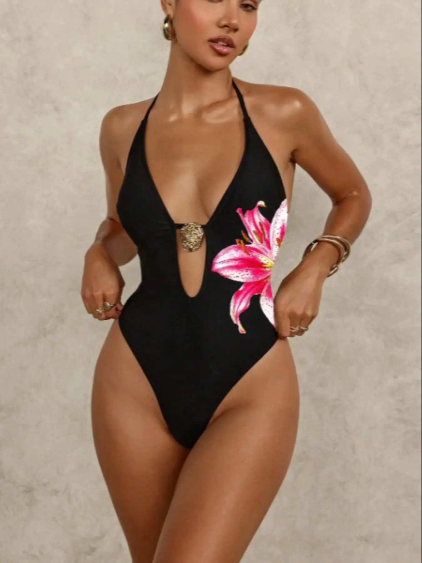 Floral Print One-Piece Swimsuit, Tropical Print Swimsuit, Backless Deep V Neck Swimwear, Elegant Women's Bathing Suit, Summer Beach Wear, Floral Swimsuit, Fashionable Swimsuit, Chic Swimwear