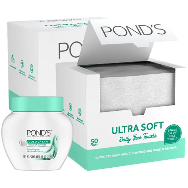 POND'S Makeup Remover Set — XL Biobased Disposable Face Towels 2-Pack (50 Ct Ea) + Iconic Cold Cream Cleanser, 9.5 Oz