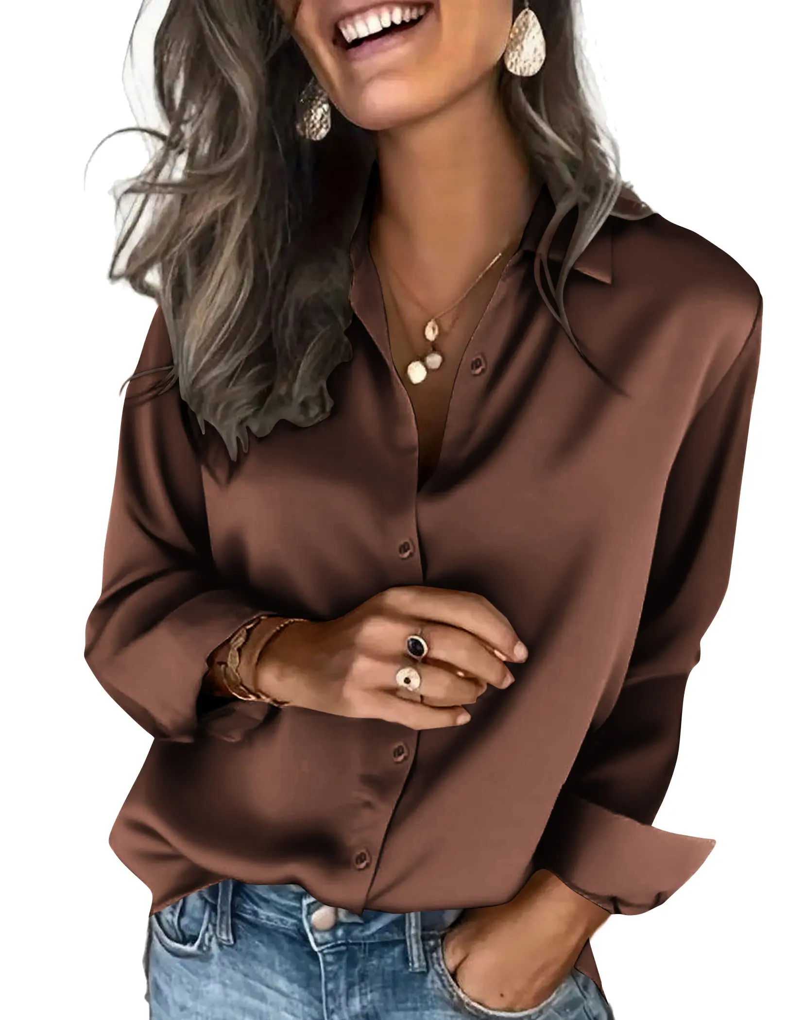 Women's Minimalist Fitted Satin Blouse - Lady's Basic Long Sleeve Button-Down Shirt for Business Casual Layering Outfits, Blouses For Women, Modest Fashion, Style Inspo