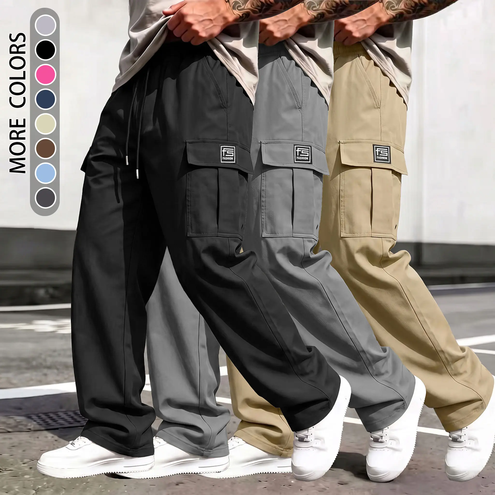 Men's Plain Straight Fit Cargo Pants in Durable, Wrinkle-Resistant Polyester with Multiple Pockets for Casual Work Wear