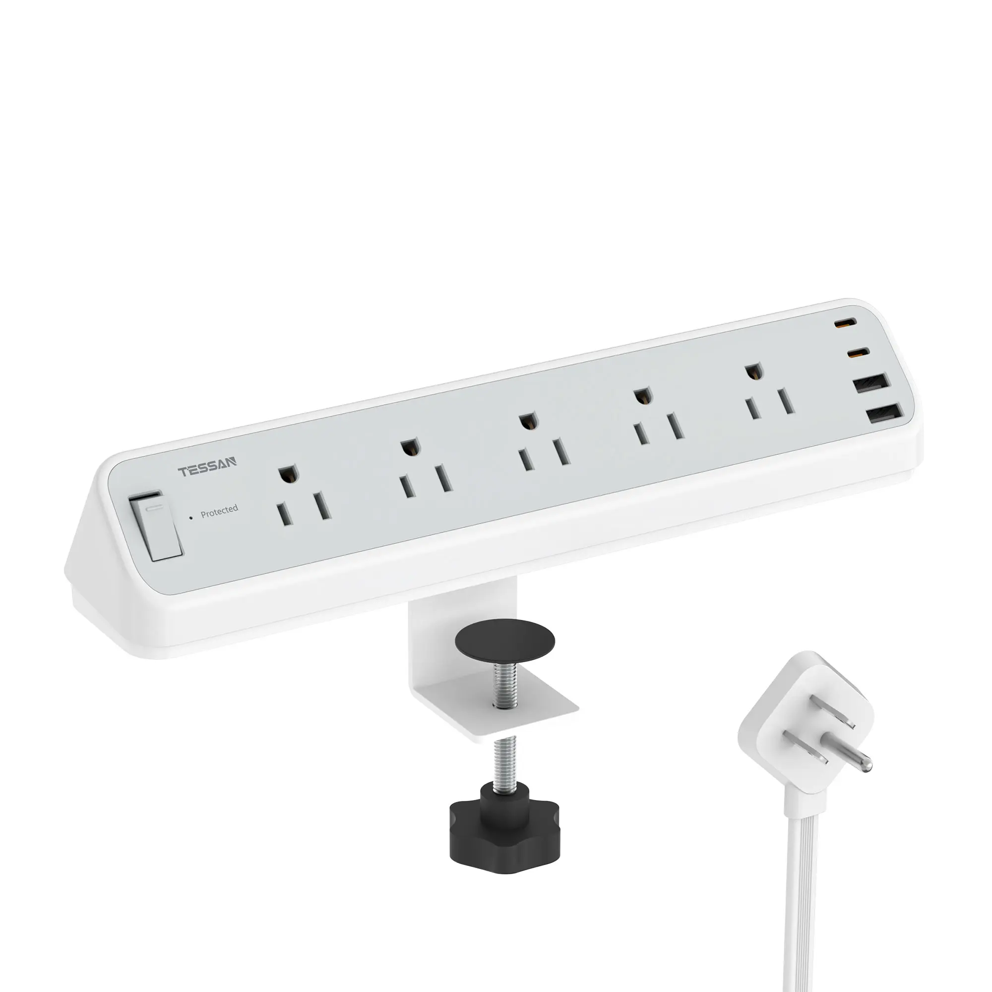 TESSAN 1250W Desk Clamp Power Strip 10 Ft, 2100J Surge Protector, 5 Outlets with 2 USB C 2 USB A, Flat Plug Extension Cord with Multiple Outlets Usb C Charging Usb Type C