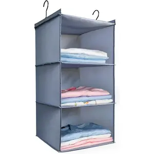 Hanging Closet Organizer and Storage 3-Shelf, Easy Mount Foldable Hanging Closet Wardrobe Storage Shelves