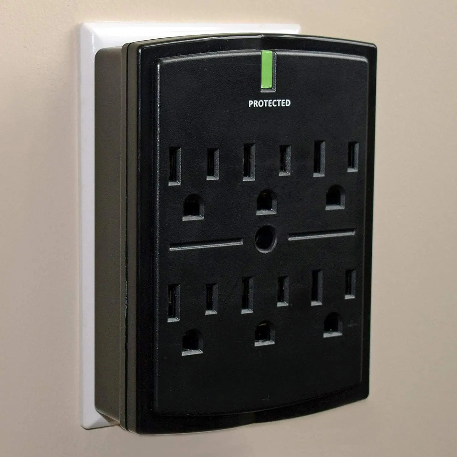 On-Wall Low Profile 1080J Fireproof Surge Protector with 6 AC Outlets & 3 Lines of Protection - Includes Power Signal Filtering Black