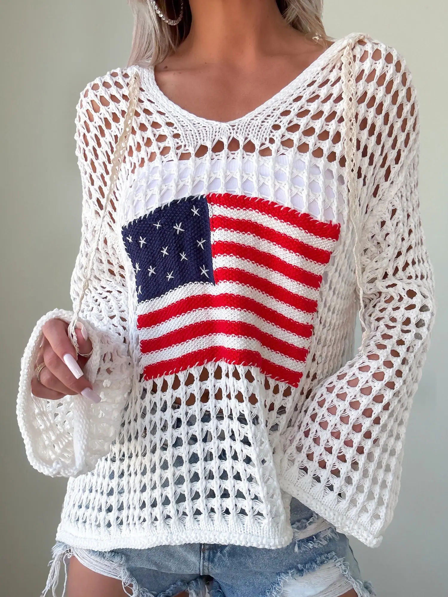 Womens White Hollow Out Crochet Knit American Flag Patched Sweater Hoodie Women's Patriotic 4th of July Hooded Pullover Lightweight Open Stitch Mesh Top Fourth of July Outfits Memorial Day Beach Cover Up