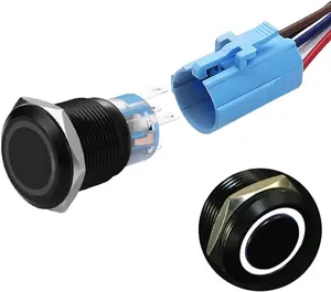 19mm Latching Push Button Switches SPDT ON/Off  Black Metal 12V Ring LED with Wire Plug (White)