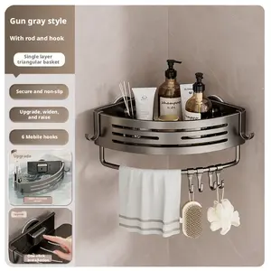 Aluminum Gun Gray Triangular Suction Cup Shower Caddy, One Tier Corner Shelves Shower Storage Rack, Drill Free Wall Mount Shower Organizer, 40lbs Load Capacity Bathroom Accessories Towels Hook Toiletries