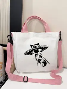 Cat Ufo Print Tote Bag, Large Storage Capacity, Easy to Carry for Travel, Gym, Commuting, Unisex Casual Style, Handheld or Shoulder Strap