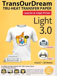 TransOurDream Tru-Heat Transfer Paper for Inkjet & Laserjet Printer (20 Sheets 8.5x11, 3.0) Printable HTV Heat Transfer Vinyl for T Shirts Iron on Transfers for Light Fabrics (TRANS-L3-1-20)