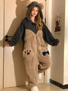 Women's Cute Cartoon Bear Hooded Jumpsuit Pajamas, Fitted Long Sleeve Winter Role Play Sleepwear, Christmas Party Casual Pjs