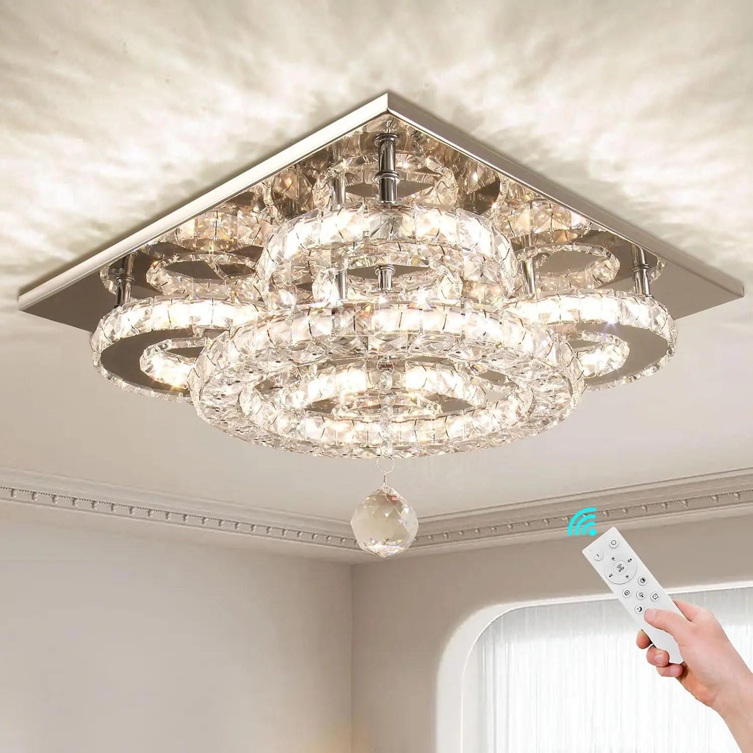 13.3-inch Square Semi-Flush Crystal LED Chandelier | Modern Chandelier, Stainless Steel and K9 Crystal, Suitable for Living Room/Dining Room/Bedroom/Hallway  QH-MC034