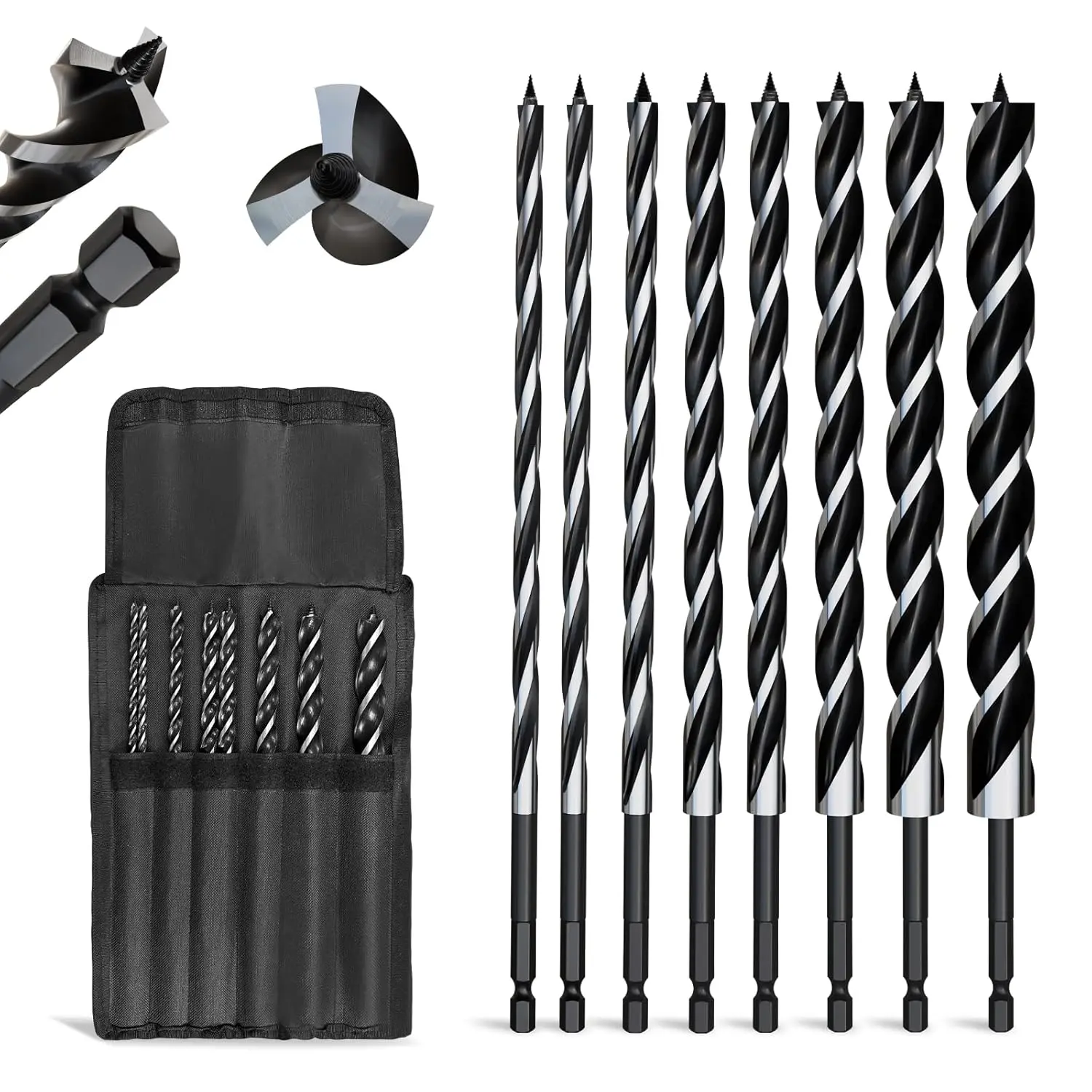 8PCS 1045 High-Carbon Steel 12in Professional Wood Auger Drill Bits, 1/4" Quick Change Hex Shank (1/4"-7/8"), 3-Cutter Tri-Flute for Fast Chip Removal, Fits Hardwood, Softwood, Drywall, OSB, 12 Inch