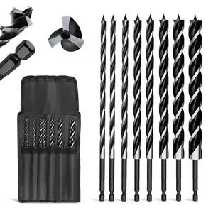 8PCS 12 inch Long Professional Auger Drill Bit for Wood with Quick Change 1/4" Hex Shank (1/4"-7/8") - 3-Cutter Design with Tri-Flute for Fast Chip Removal, Fits Hardwood, Softwood, Drywall