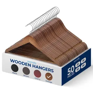 50 Pack Wooden Coat Hangers - Vintage | Durable, Heavy-Duty & Space-Saving Closet Organizer Hanger with Pant Bar - For Coats, Jackets & Dresses - Everyday Use Household Essentials