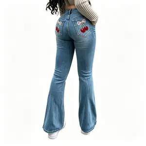 Women's Mid‑Rise Medium Wash Cherry Bow Embroidered Flare Jeans, Cute Coquette Y2K Slim Bell Bottom Denim Pants