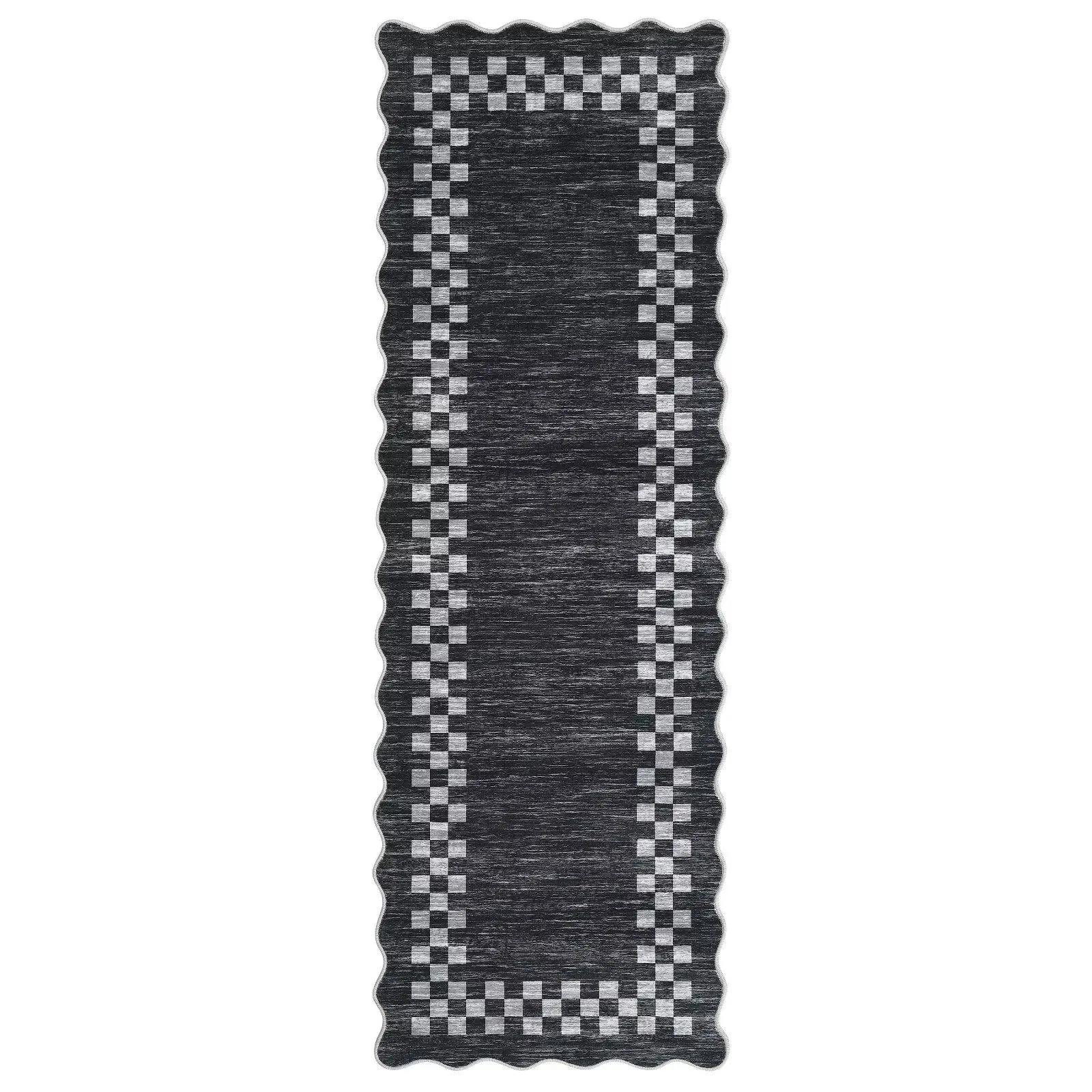 【Christmas Gift】2 x 6 ft Polyester Dark Grey Rectangular Indoor Geometric Bordered Modern Machine Washable Runner Rug